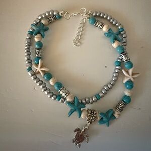 Sea Turtle & Star Fish Anklet or Bracelet Blue Silver Tone 9.6" with Extender